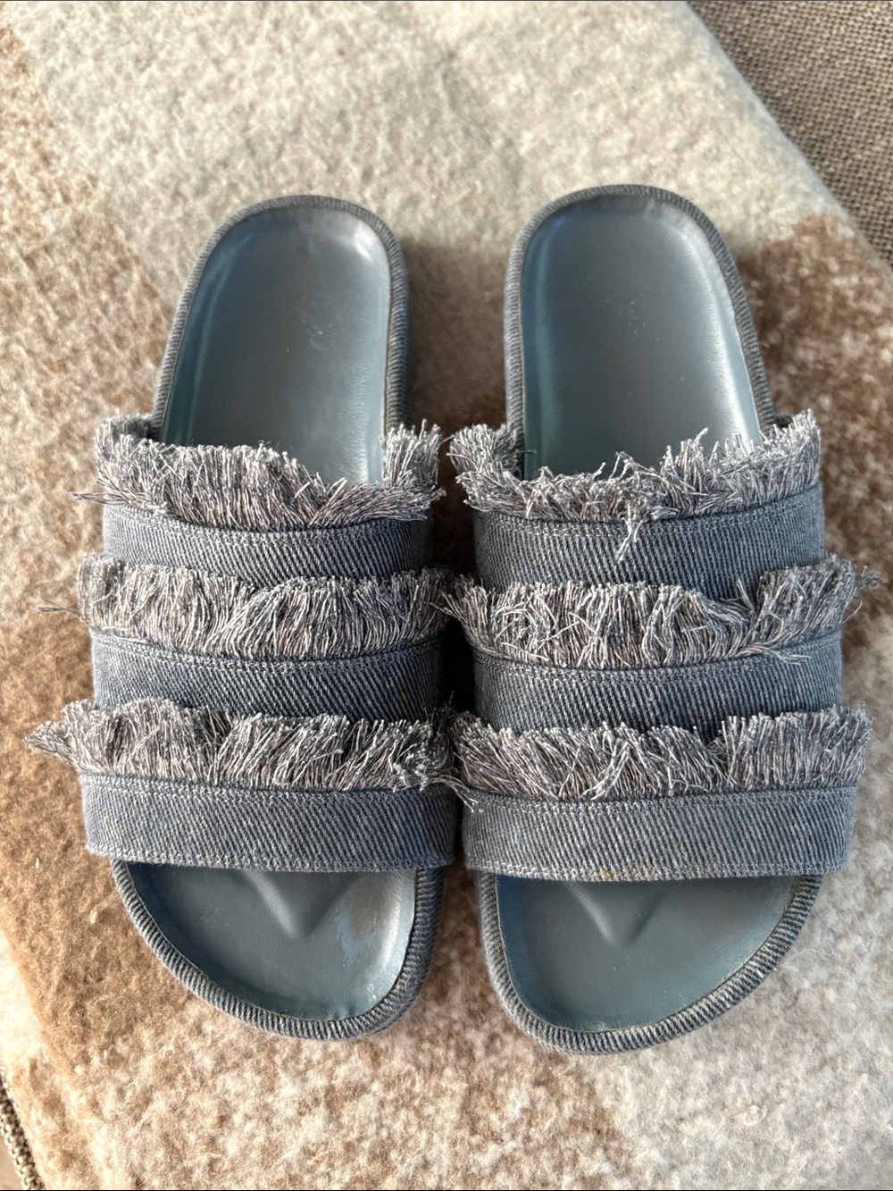 Joie Gray Frayed-Strap Slide Sandals